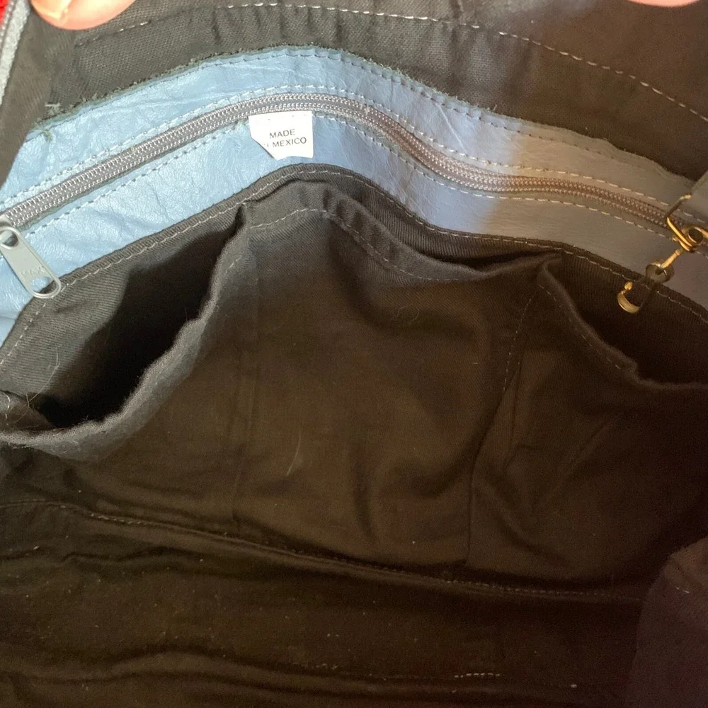 Blue Genuine Leather Messenger Bag Detachable Strap Multiple Pockets Travel Work